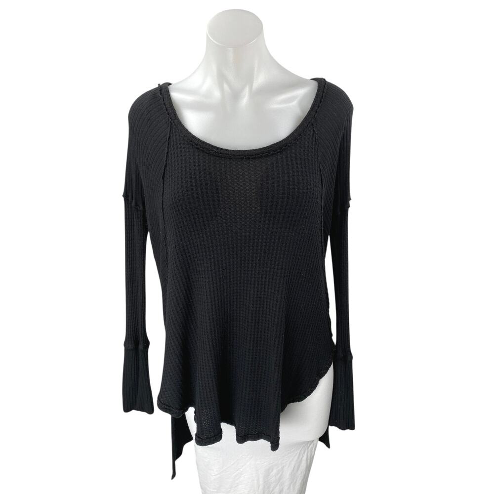 Free People Black Long Sleeve Waffle Knit Thermal Scoop Neck Sweater Top Size M